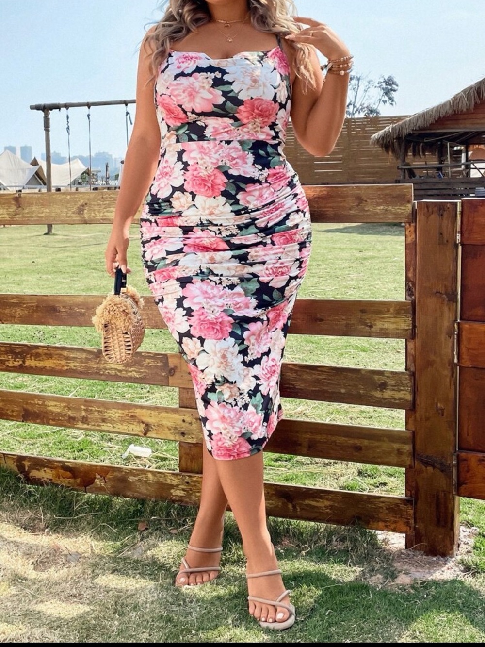 SHEIN Black Floral Ruched Midi Dress with Pink & White Blooms